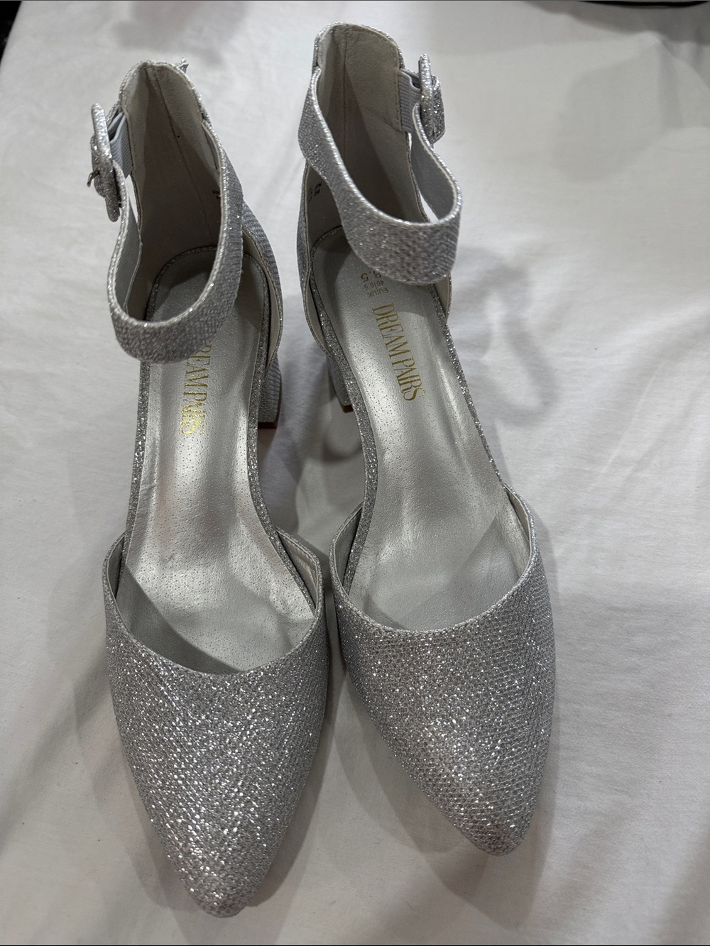 Dream Pairs Silver Glitter Pointed Ankle-Strap Block Heels